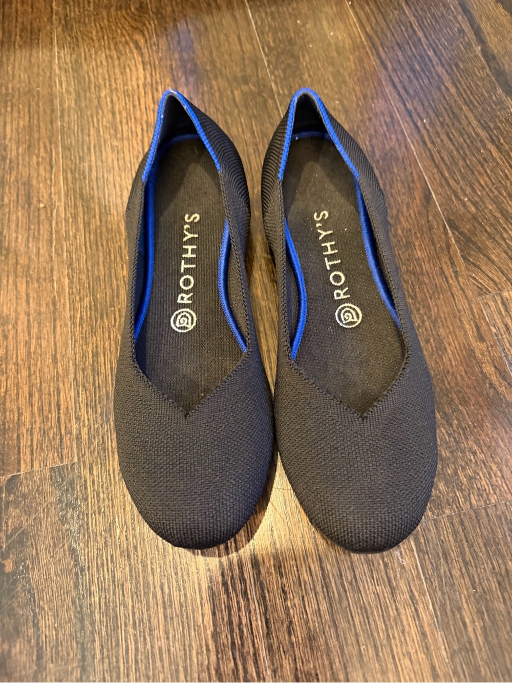 Rothy's Black Knit Pointed Ballet Flats with Blue Trim